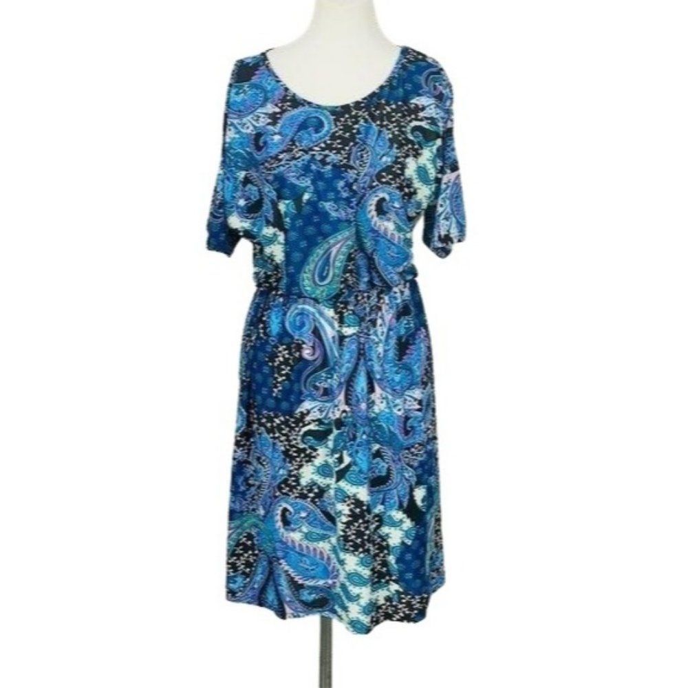 Arianna By Howards Blue Floral Paisley‎ Print Large Cold Shoulder Dress